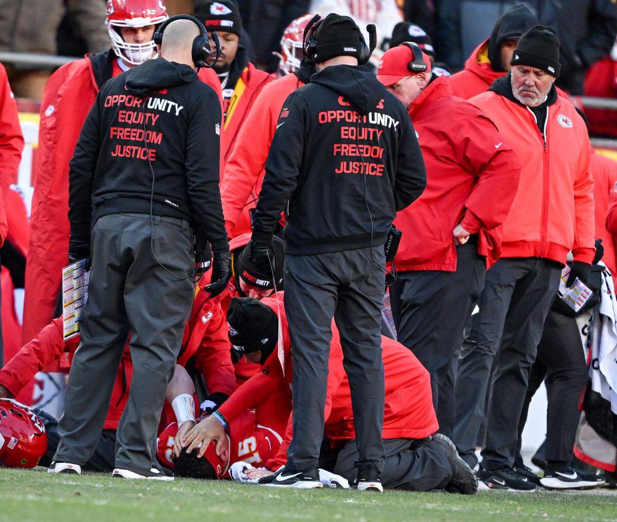 Kansas City Chiefs quarterback Patrick Mahomes (15) is injured in the fourth quarter against the LA Chargers at GEHA Field at Arrowhead Stadium on Sunday, Dec. 14, 2025.