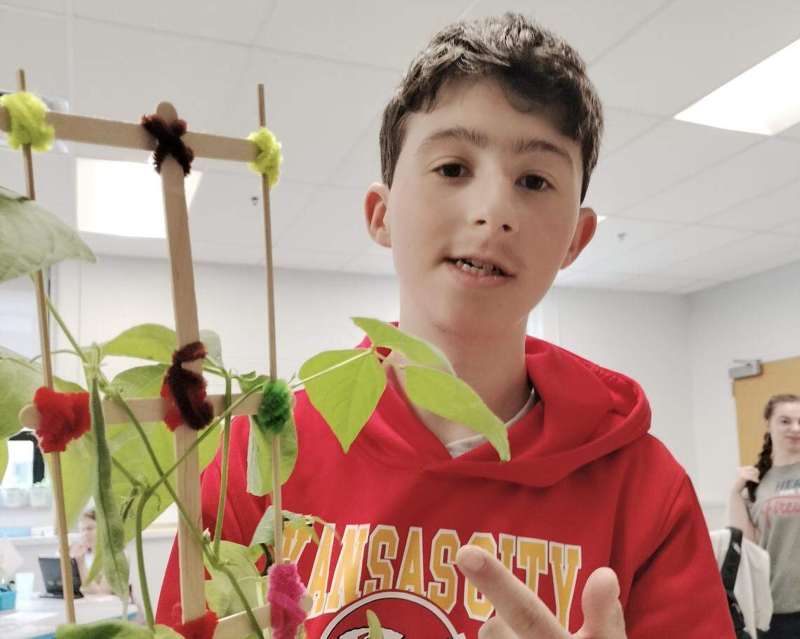 A Lee’s Summit High School student in the life skills program poses next to a plant. He is wearing a Chiefs sweatshirt.