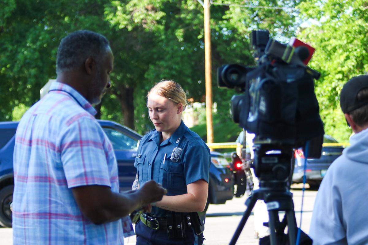 Officer Alayna Gonzalez speaks to media near 2500 College Avenue after a third homicide over Memorial Day weekend on May 27, 2024.