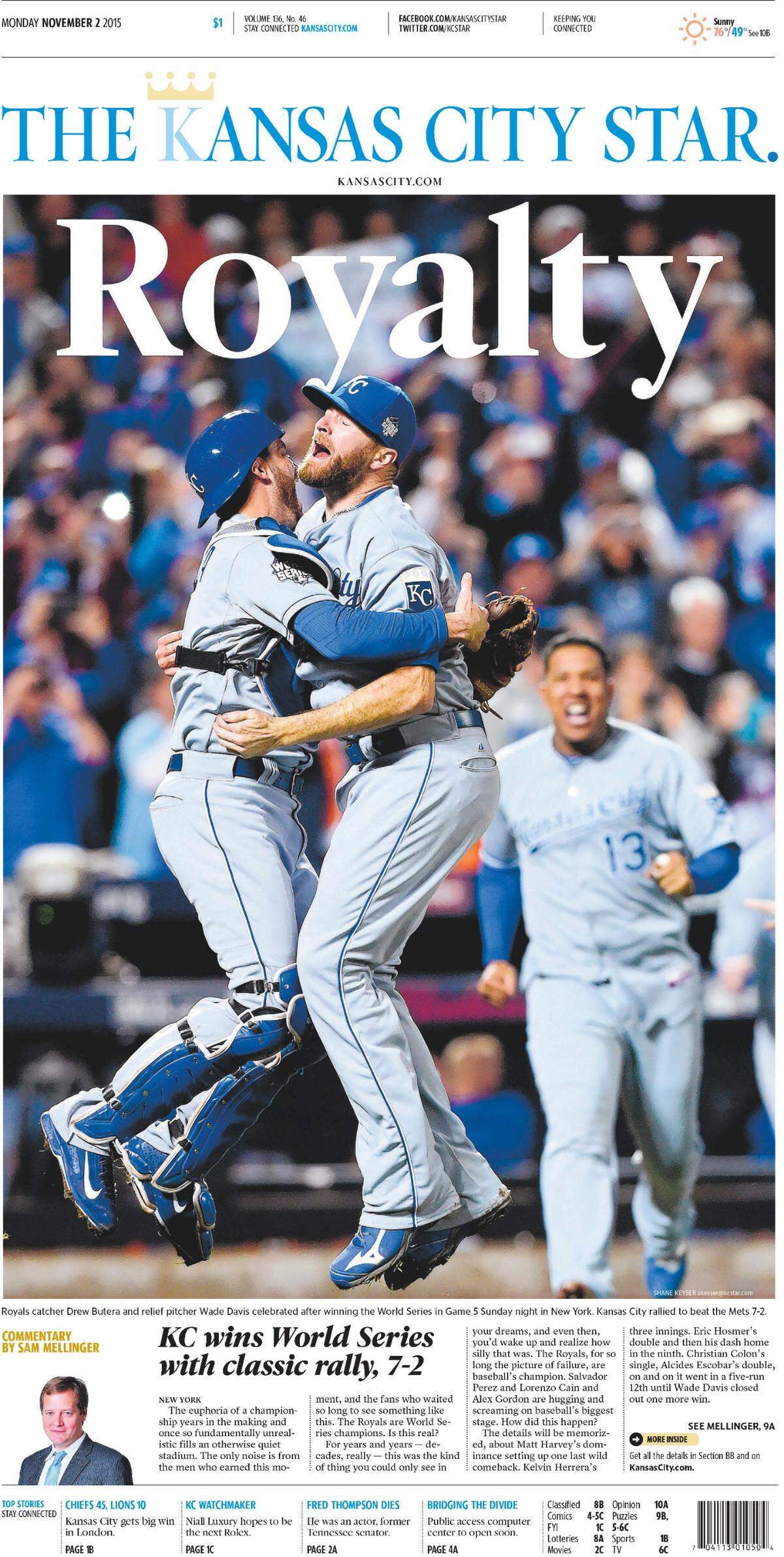 The front page of The Kansas City Star after the Kansas City Royals won the 2015 World Series.