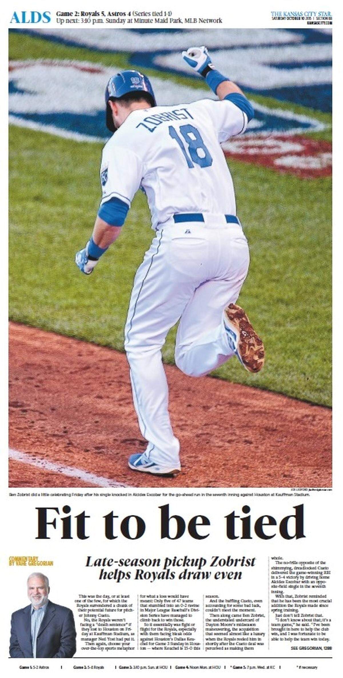 The front page of The Kansas City Star sports section the day after the Royals beat the Astros in Game 2 of the American League Division Series on Oct. 9, 2015.