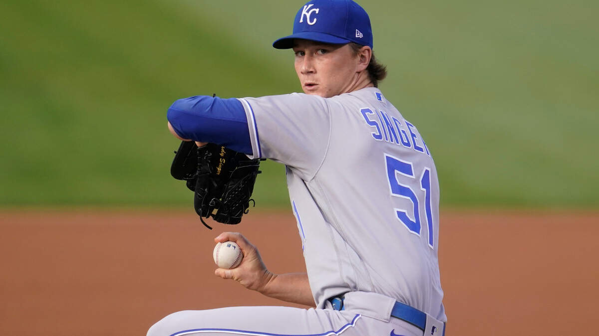 Kansas City Royals’ Brady Singer against the Oakland Athletics during a baseball game in Oakland, Calif., Friday, June 11, 2021. (AP Photo/Jeff Chiu)