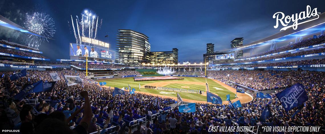 A rendering from stadium design firm Populous shows a concept of what a new downtown Kansas City Royals stadium located in the East Village might look like.