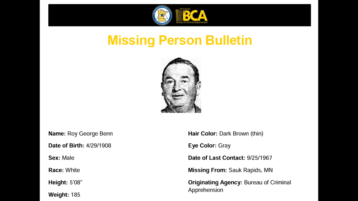 A missing person bulletin for Roy George Benn.