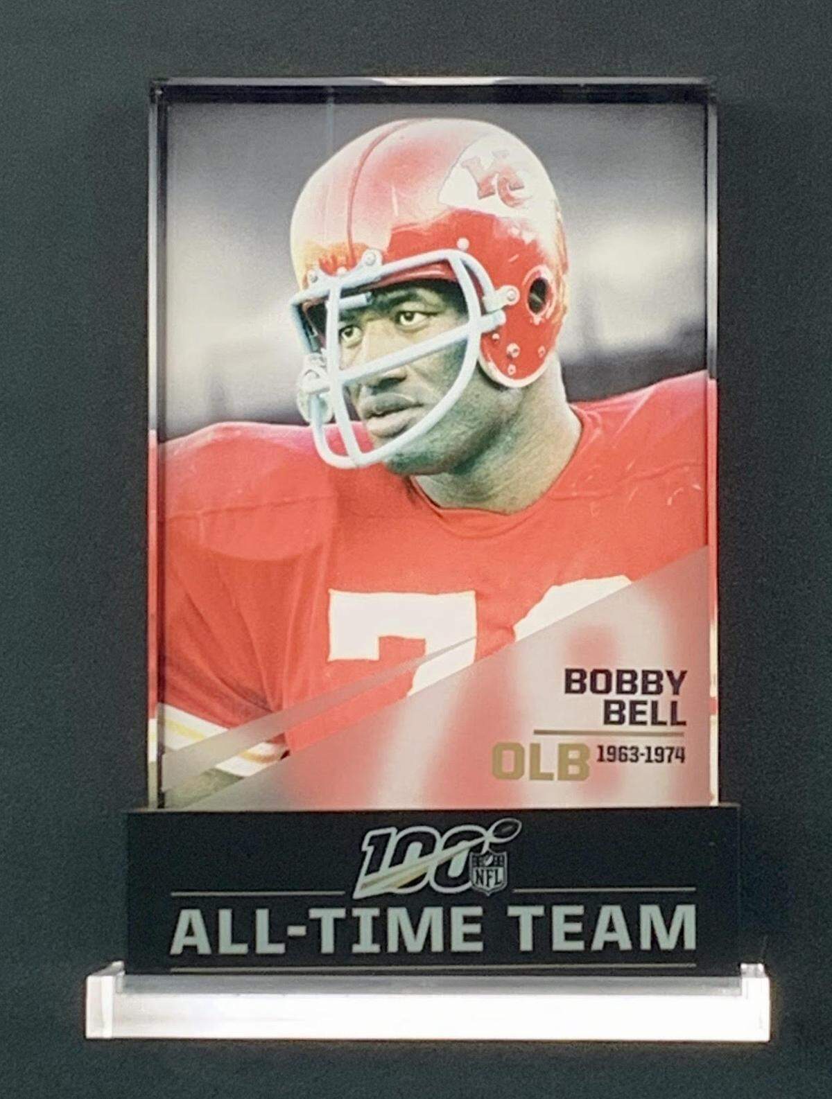 The NFL 100th Anniversary Team exhibit greets visitors to Super Bowl Live once they enter the convention center. Five Chiefs greats/Hall of Famers, including Bobby Bell (pictured), have photo-plaques hanging on a giant wall featuring all 100 selections.
