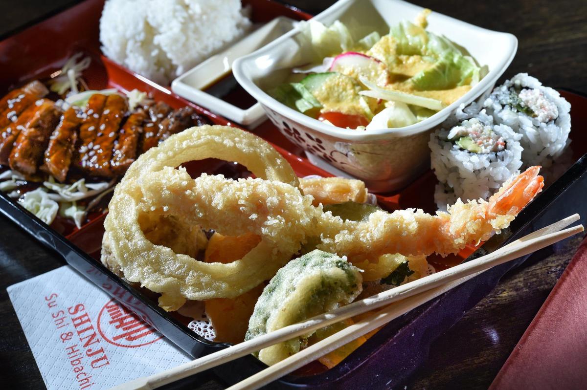 At Shinju Sushi & Hibachi in Prairie Village: beef teriyaki with steamed rice, miso soup, house salad, tempura mix and four pieces of California roll.