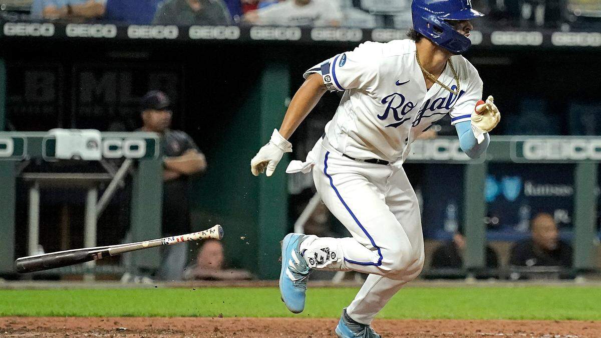 Kansas City Royals’ MJ Melendez runs to first after hitting an RBI single during the ninth inning of a baseball game against the Cleveland Guardians Wednesday, Sept. 7, 2022, in Kansas City, Mo. (AP Photo/Charlie Riedel)