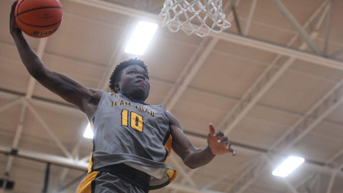 Team Thad’s Rakease Passmore dunks the ball as the game ends vs. Team Durant at the fifth day of the Nike Peach Jam at Riverview Park Activities Center in North Augusta, S.C., on July 7, 2023.