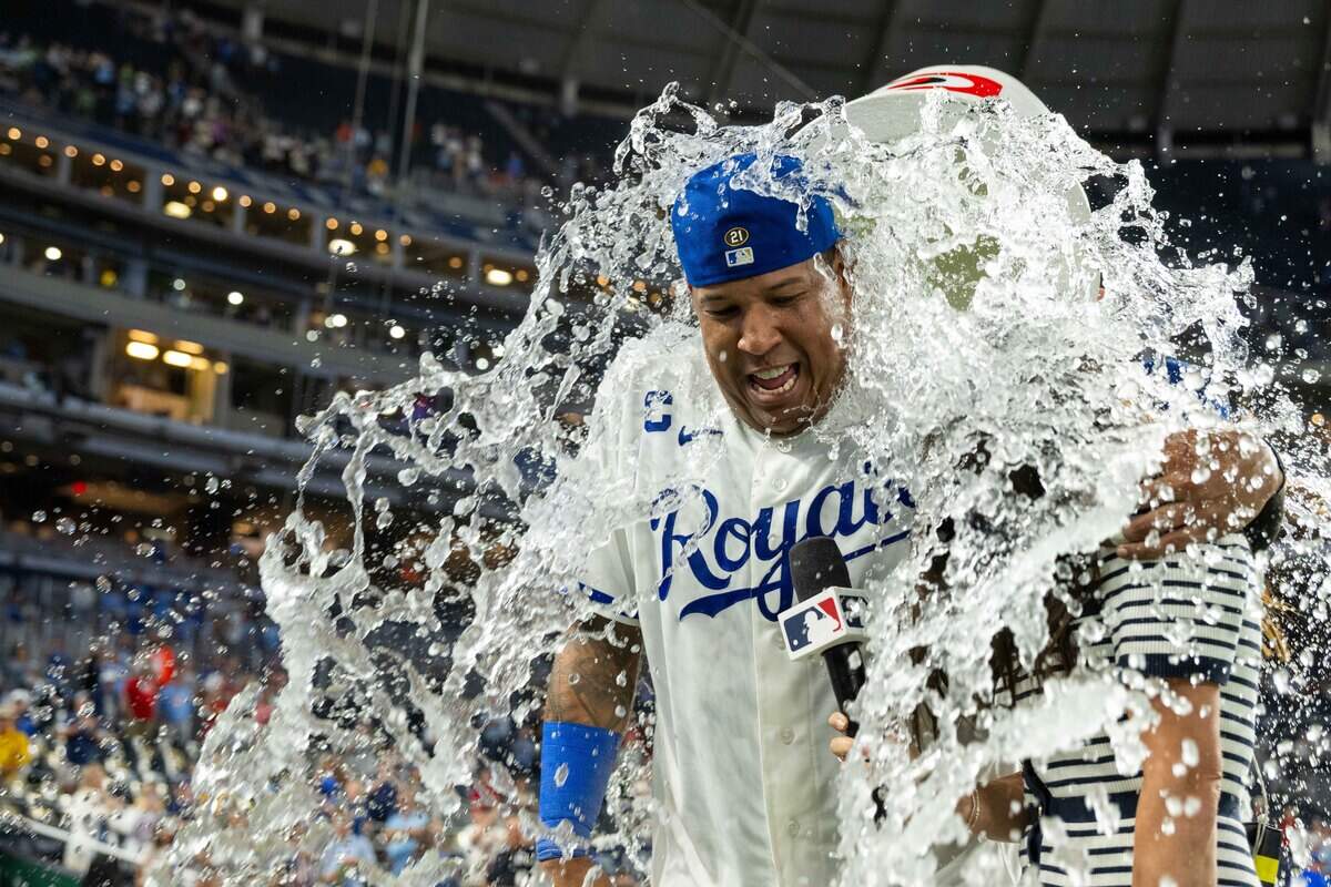 RAH_4807.jpg Royals catcher Salvador Perez receives a “Salvy Splash” following KC’s win over the St. Louis Cardinals at Kauffman Stadium in Kansas City on Thursday, June 18, 2026.