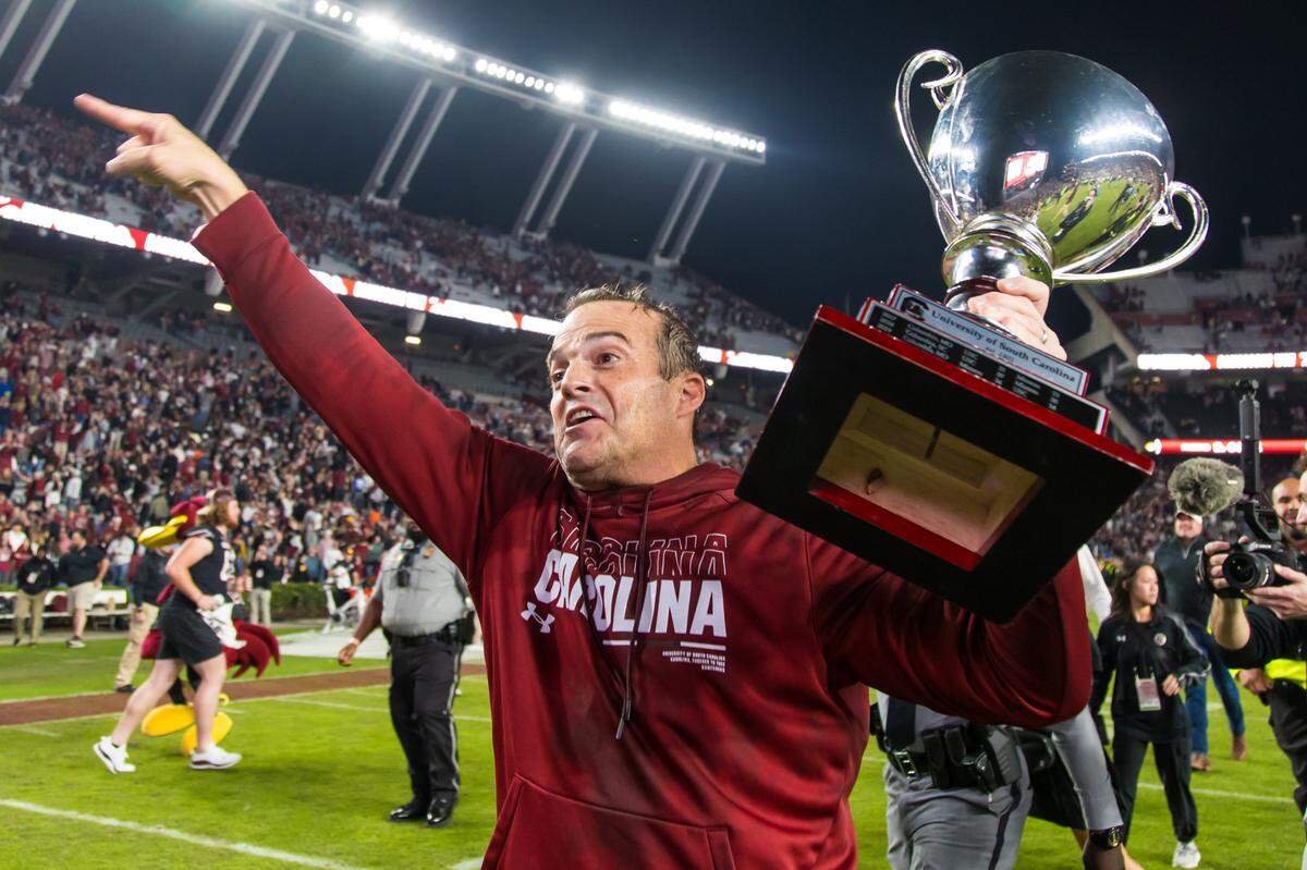South Carolina coach Shane Beamer celebrates after his Gamecocks beat the Missouri Tigers in a Saturday, Nov. 16, 2024 college football game at Williams-Brice Stadium in Columbia, South Carolina.
