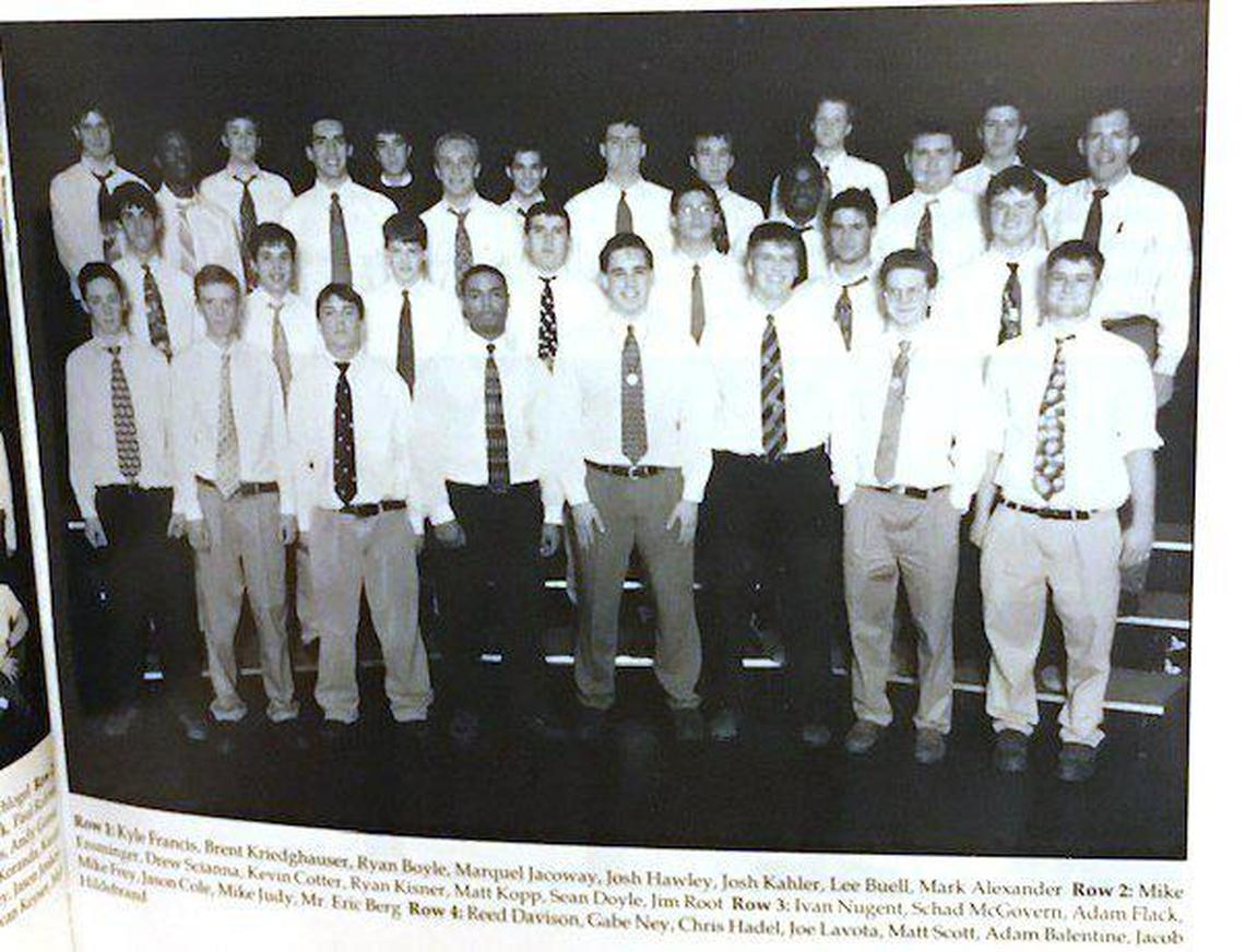 Josh Hawley, front row, fourth from right, in the Rockhurst High School Fellowship of Christian Athletes group photo.