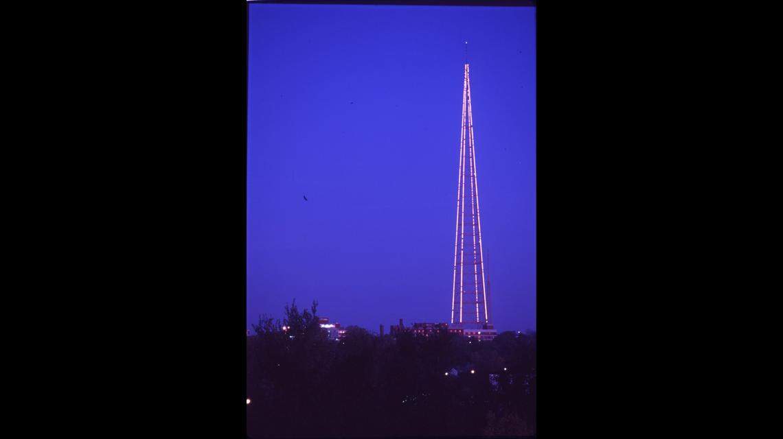 The KCTV tower at East 31st Street and Grand Avenue once was lit at night with more than 1,300 incandescent bulbs. A local group wants to use LED lights to create “the tallest public art installation in the world.”