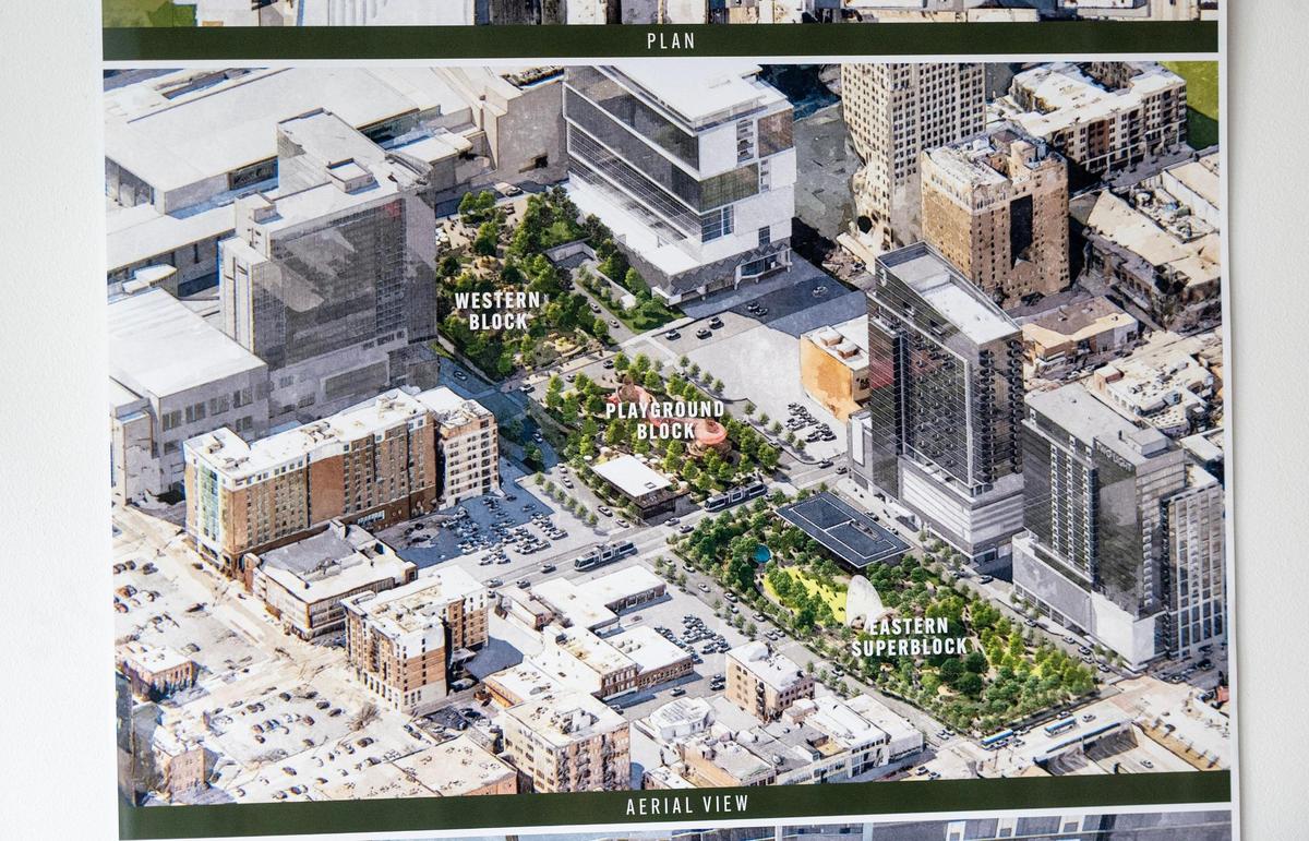 A rendering on display at a recent meeting on the South Loop project shows how downtown would gain four more blocks of park space if a lid is put over Interstate 670.