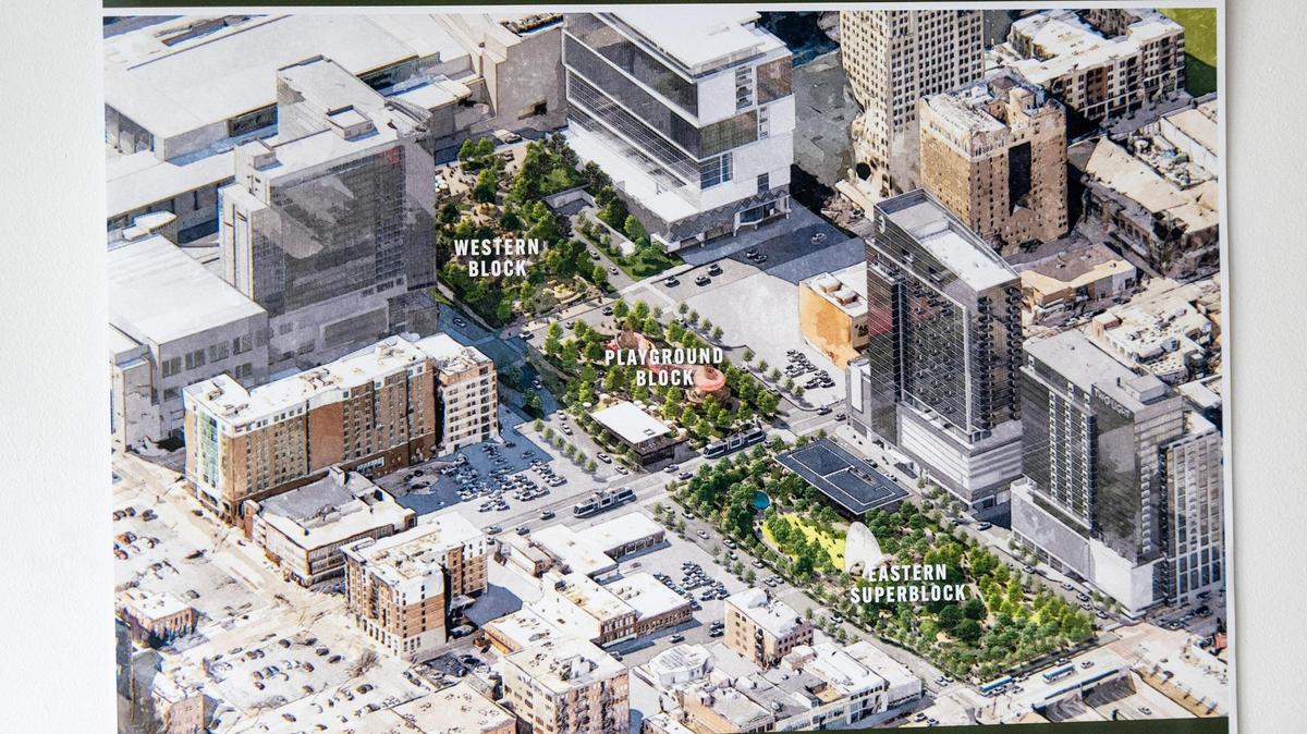 A rendering on display at a recent meeting on the South Loop project shows how downtown would gain four more blocks of park space if a lid is put over Interstate 670.
