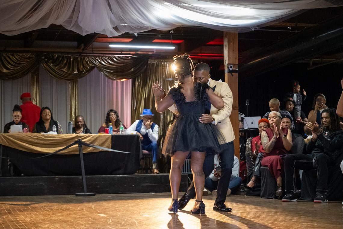 Danielle Williams and Trayvon Butler perform at The Big StepOff 2025, held on Oct. 18, 2025, in Kansas City. Williams, who has been stepping since 2018, said it “became (her) therapy.”