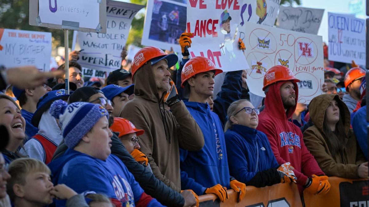 KU fans filled the pit for ESPN’s GameDay broadcast from the University of Kansas campus in Lawrence on Saturday, Oct. 8, 2022, on a stage set up on Campanile Hill.