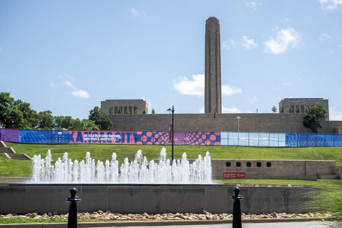 Banners featuring the Kansas City FIFA World Cup logo is displayed on fencing surrounding the FIFA Fan Festival site at the National WWI Museum and Memorial on Tuesday, June 9, 2026.