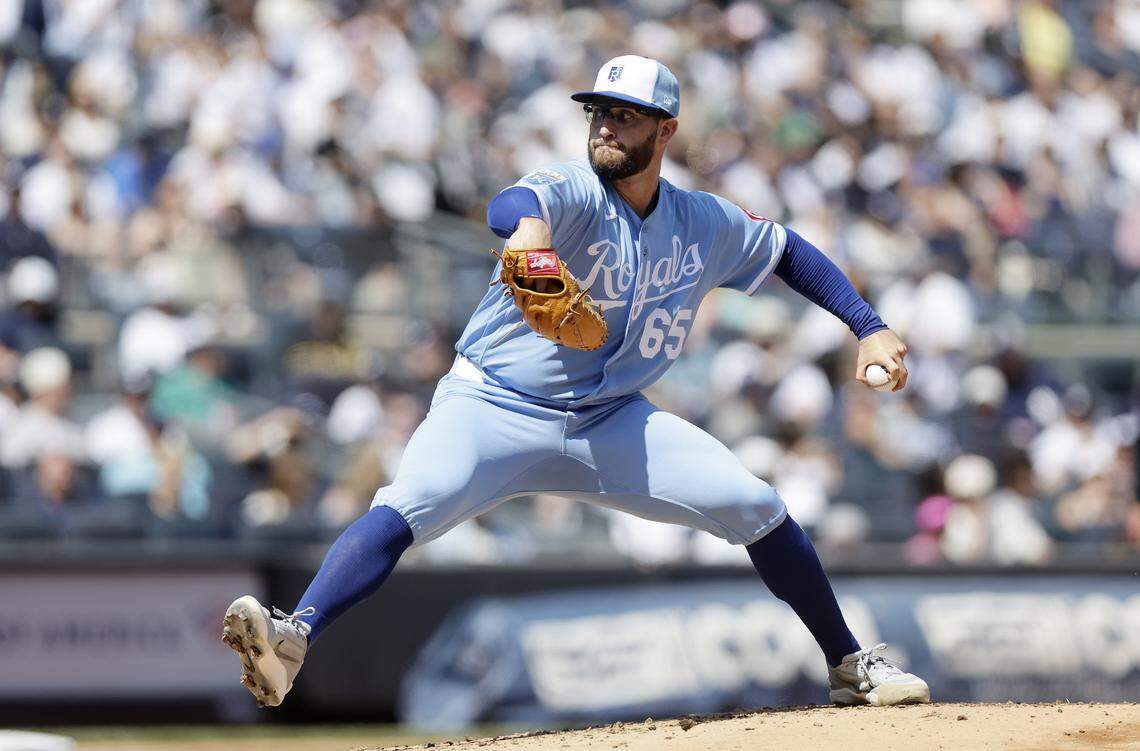 KC’s Noah Cameron pitches during the second inning against the New York Yankees at Yankee Stadium on April 18, 2026 in New York City.
