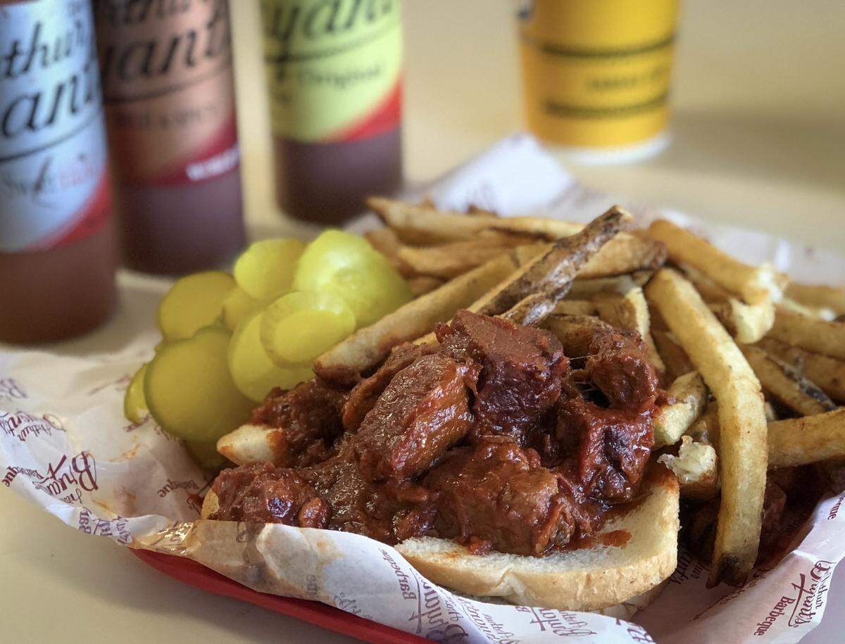 Burnt ends with a matching pile of fries at Arthur Bryant’s Barbeque restaurant.
