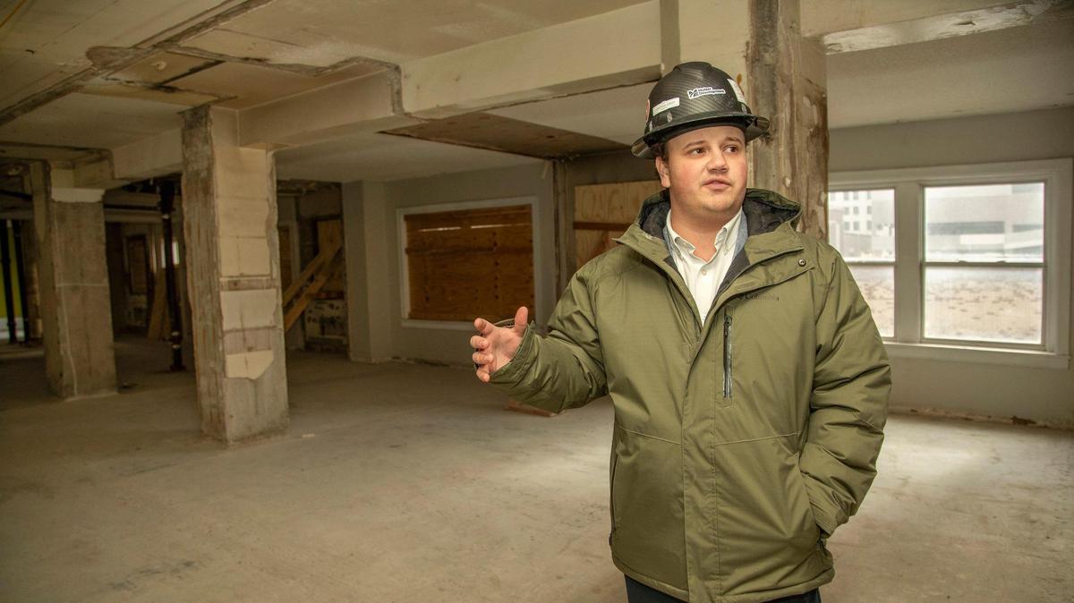 Zach Molzer, of Molzer gave a tour of the fourth floor Wednesday, January 22, 2025 at the Aladdin hotel ground breaking. The Aladdin, opened in 1925 and closed in 2022, is being converted into apartments and is scheduled to open in the Spring of 2026.