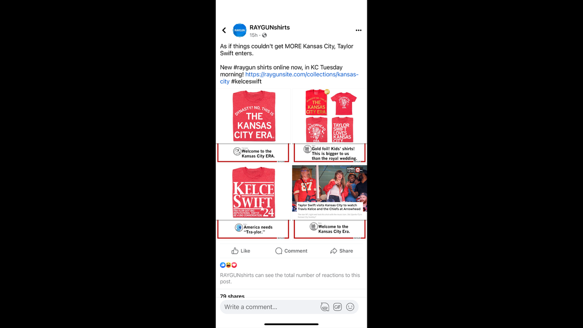 Screengrab of RAYGUN’s Taylor Swift-themed Chiefs shirts