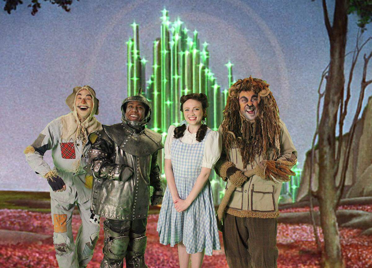 Scarecrow (Jordan Fox), Tin Man (Brian McKinley), Dorothy (Chelcie Abercrombie) and the Cowardly Lion (Robert Hingula) are on their way to the Emerald City in "The Wizard of Oz," coming to Providence Medical Center Amphitheatre Aug. 1-5.