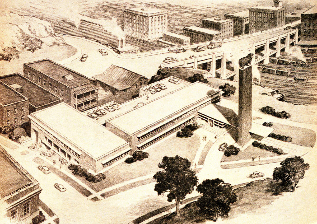 Radotinsky’s drawing of the new AHA headquarters shows the bull facing west in 1951