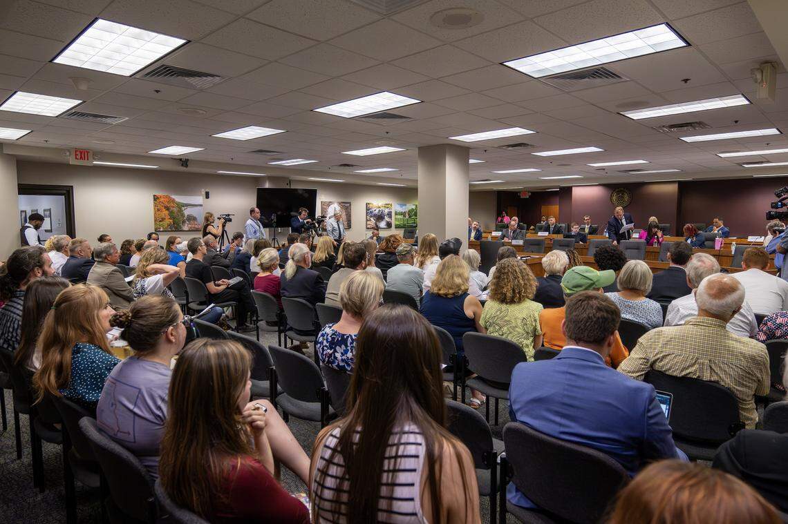 People attend a hearing on redrawing congressional district maps at the Missouri Capitol on Thursday, Sept. 4, 2025, in Jefferson City.