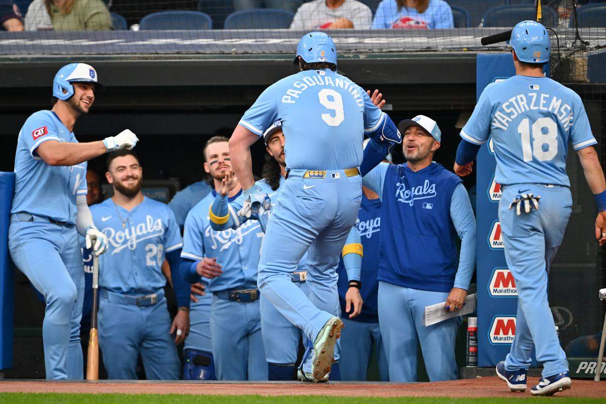 Vinnie Pasquantino #9 of the Kansas City Royals celebrates with his teammates after hitting a two-run home run during the first inning against the Cleveland Guardians at Progressive Field on September 11, 2025 in Cleveland, Ohio.