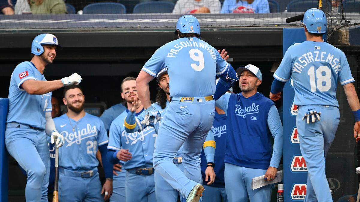 Vinnie Pasquantino #9 of the Kansas City Royals celebrates with his teammates after hitting a two-run home run during the first inning against the Cleveland Guardians at Progressive Field on September 11, 2025 in Cleveland, Ohio.