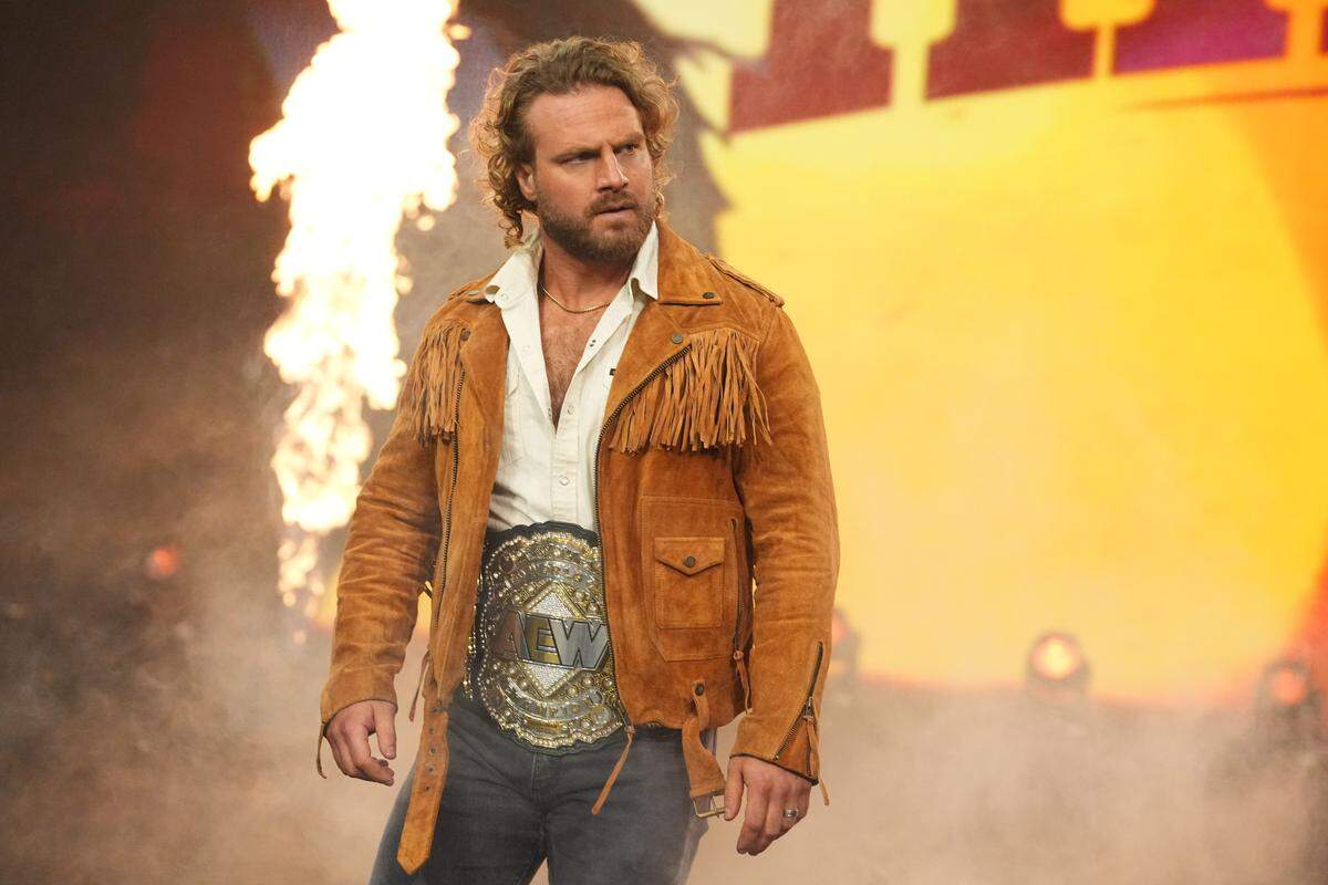 AEW world champion “Hangman” Adam Page walks to the ring ahead of a special contract signing with AEW star Kyle Fletcher on Sept. 17, 2025.