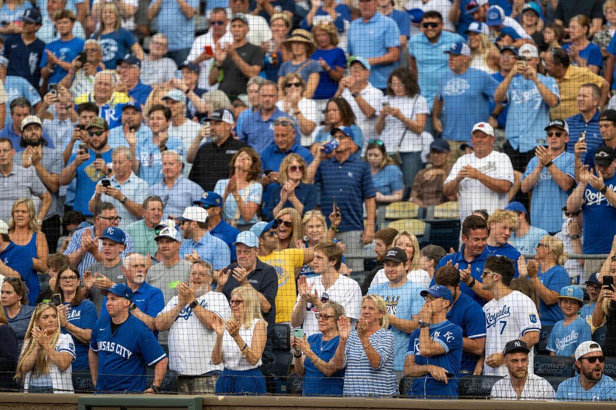 Fans cheer as Kansas City Royals outfielder Jac Caglianone (14) comes up to bat in the second inning in the game against the New York Yankees on Tuesday, June 10, 2025, at Kauffman Stadium in Kansas City.