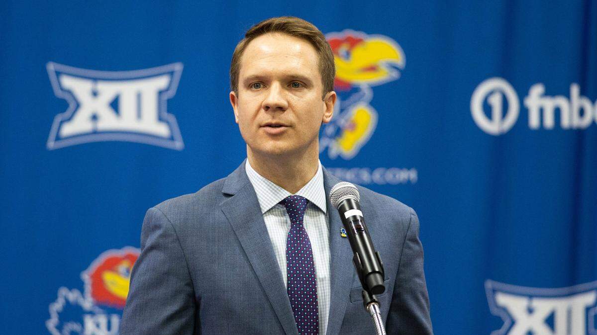 KU Athletic Director Travis Goff addresses media at a press conference on May 3, 2021.