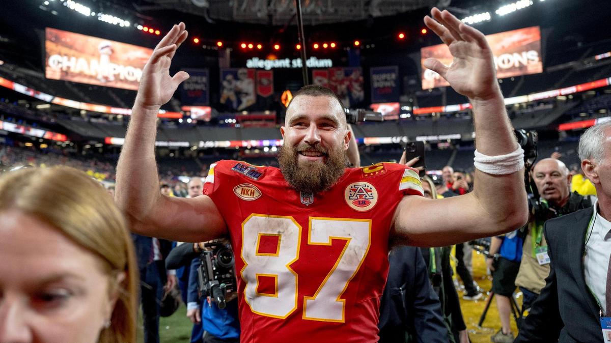 Kansas City Chiefs tight end Travis Kelce (87) celebrates after the Chiefs defeated the San Francisco 49ers in overtime 25-22 in Super Bowl LVIII on Sunday, Feb. 11, 2024, in Las Vegas.