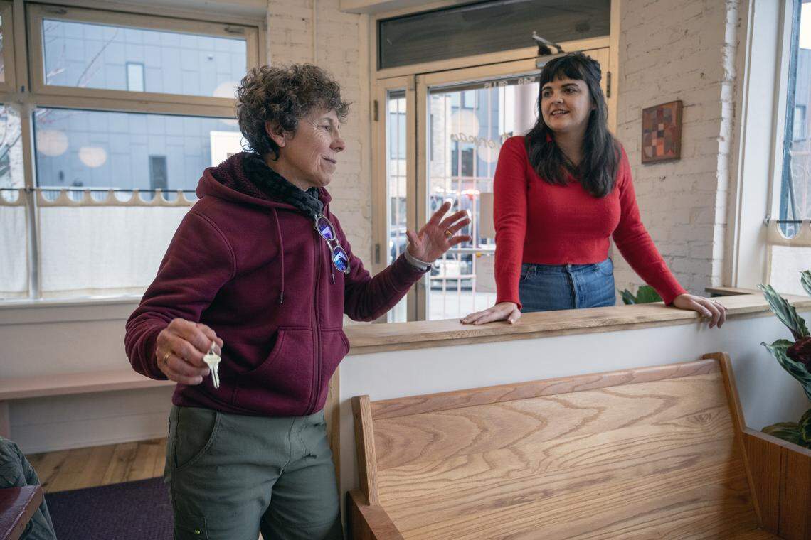 Columbus Park resident Marie Jo Guastello stops by Dear Donna, the new restaurant coming to the former Happy Gillis space, to chat with partners including Sandy Bojanic on Tuesday, March 3, 2026, in Kansas City. Guastello's father operated Gillis Sundries in the same location at 549 Gillis St. in Columbus Park for 40 years.