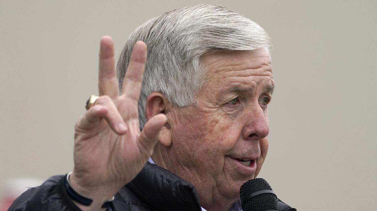 Missouri Republican Gov. Mike Parson speaks during a campaign rally at Frontier Justice, a Lees Summit gun store, in October 2020, Parson, a former sheriff, will return Saturday to sign the “Second Amendment Preservation Act.” (AP Photo/Charlie Riedel)