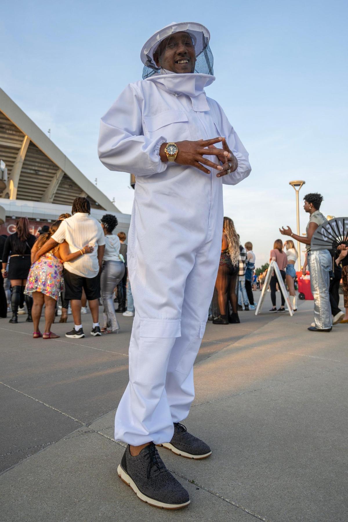 Drecus Brownlee shows off his bee suite before attending the last stop of Beyoncé’s Renaissance World Tour at GEHA Field at Arrowhead Stadium on Sunday, Oct. 1, 2023, in Kansas City.