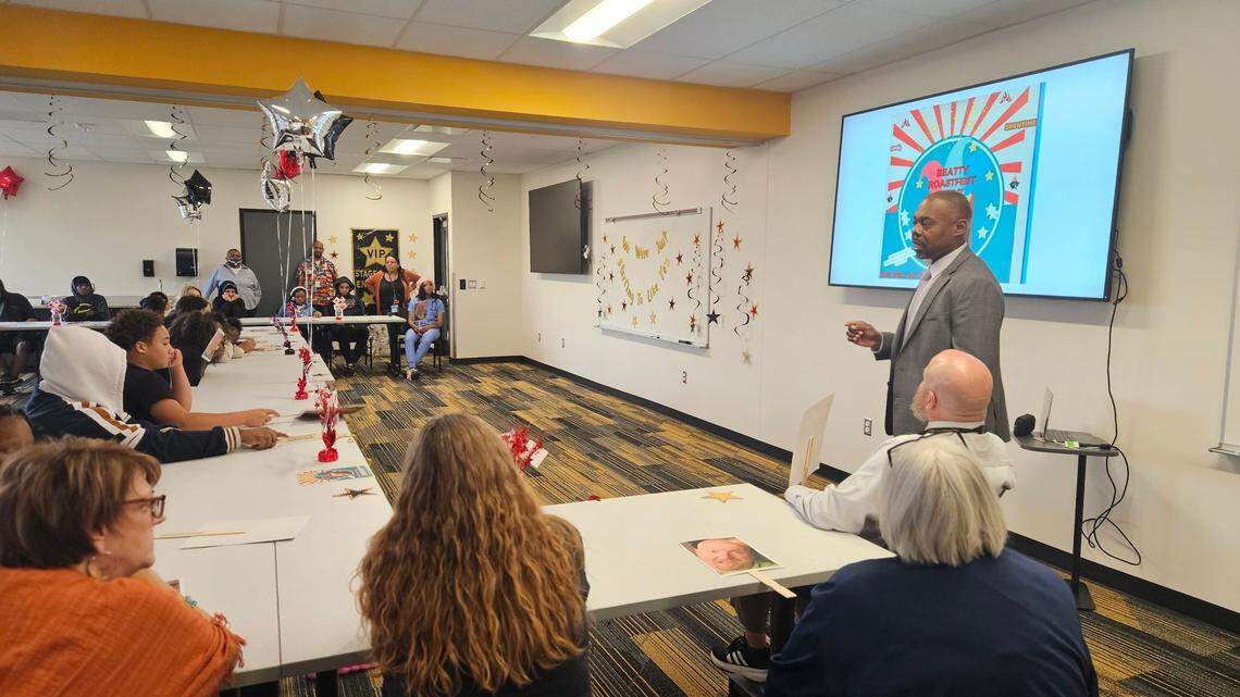 Hickman Mills School District Superintendent Yaw Obeng spoke briefly at a reception at the district’s new Real World Learning Center in south Kansas City.