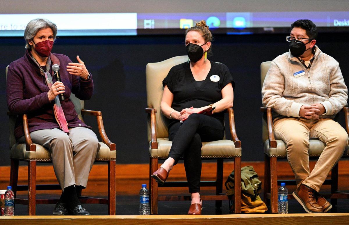 From left, University of Kansas Provost Barbara Bichelmeyer, CARE coordinator Merrill Evans and Sony Heath, interim sorority and fraternity life director, are pictured at a forum Thursday at the Kansas Memorial Union. Students demanded that university address sexual misconduct and Title IX reporting procedures.