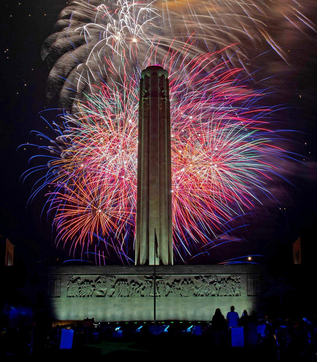 Fireworks light the sky over the National WWI Museum and Memorial during the Celebration at the Station Memorial Day event Sunday, May 25, 2025, in Kansas City.