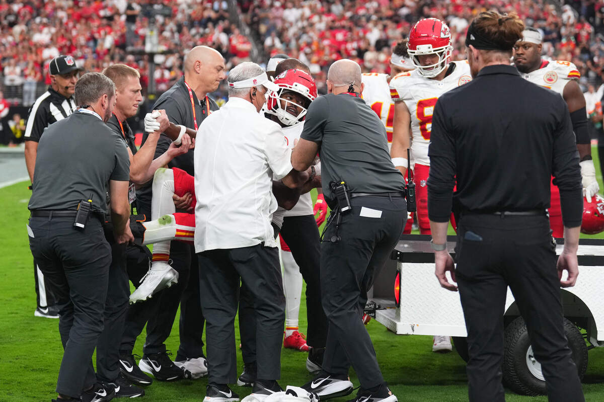 Kansas City Chiefs wide receiver Tyquan Thornton (2) is loaded onto a cart with an injury during a Week 4 NFL game against the Las Vegas Raiders at Allegiant Stadium in Paradise, Nev., Sunday, Oct. 4, 2026.