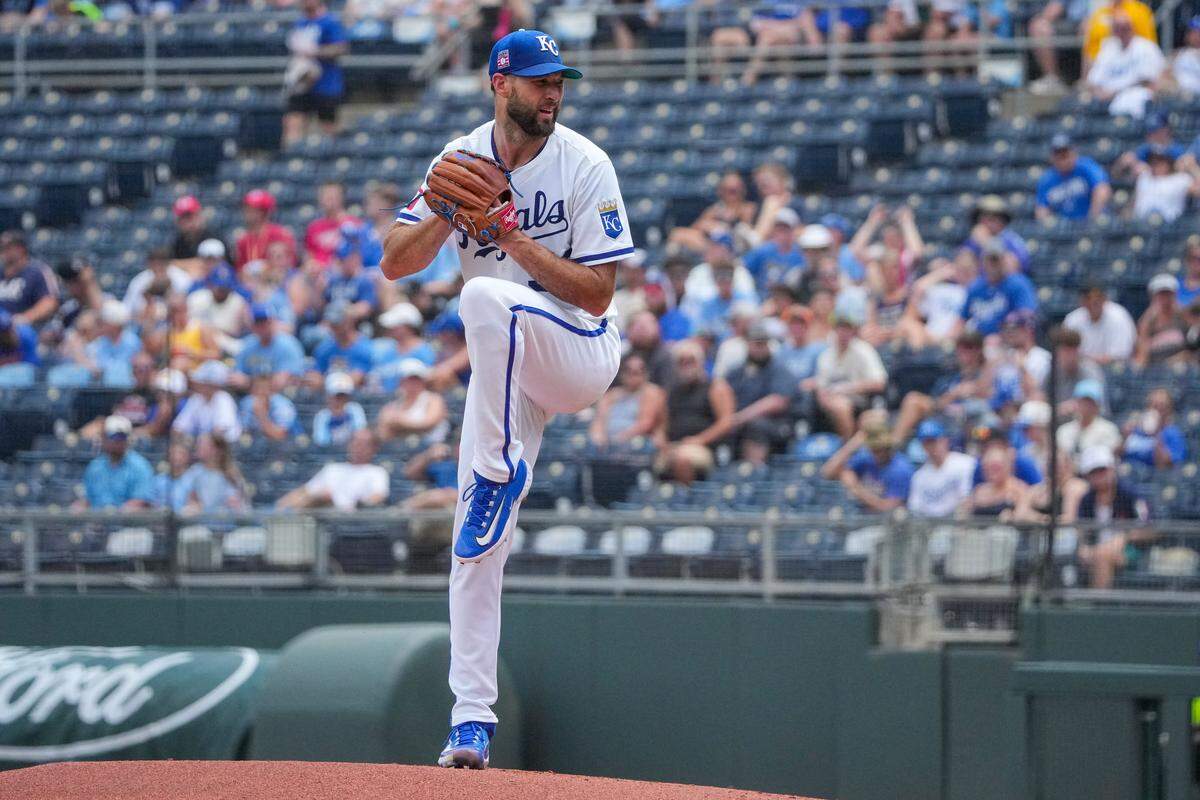 Royals starting pitcher Michael Wacha winds up during game one of a doubleheader against the Cleveland Guardians at Kauffman Stadium in Kansas City on Saturday, July 26, 2025.