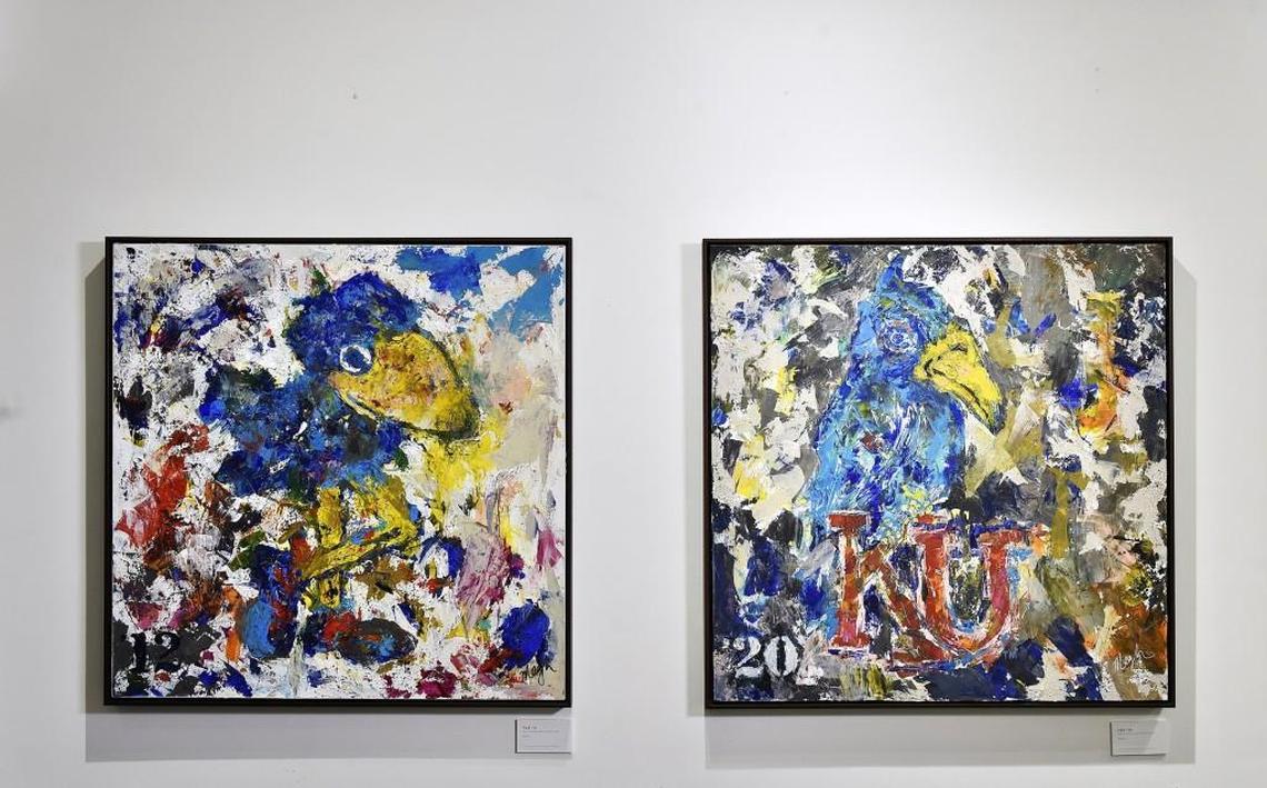 Artist and University of Kansas graduate Megh Knappenberger created six paintings of the school’s mascot, the Jayhawk, even incorporating rock chalk (limestone) in it. She was able to get licensing to use the Jayhawk image. The works are displayed at Niall, a watch shop on the Plaza, owned by fellow KU graduate, Michael Wilson.