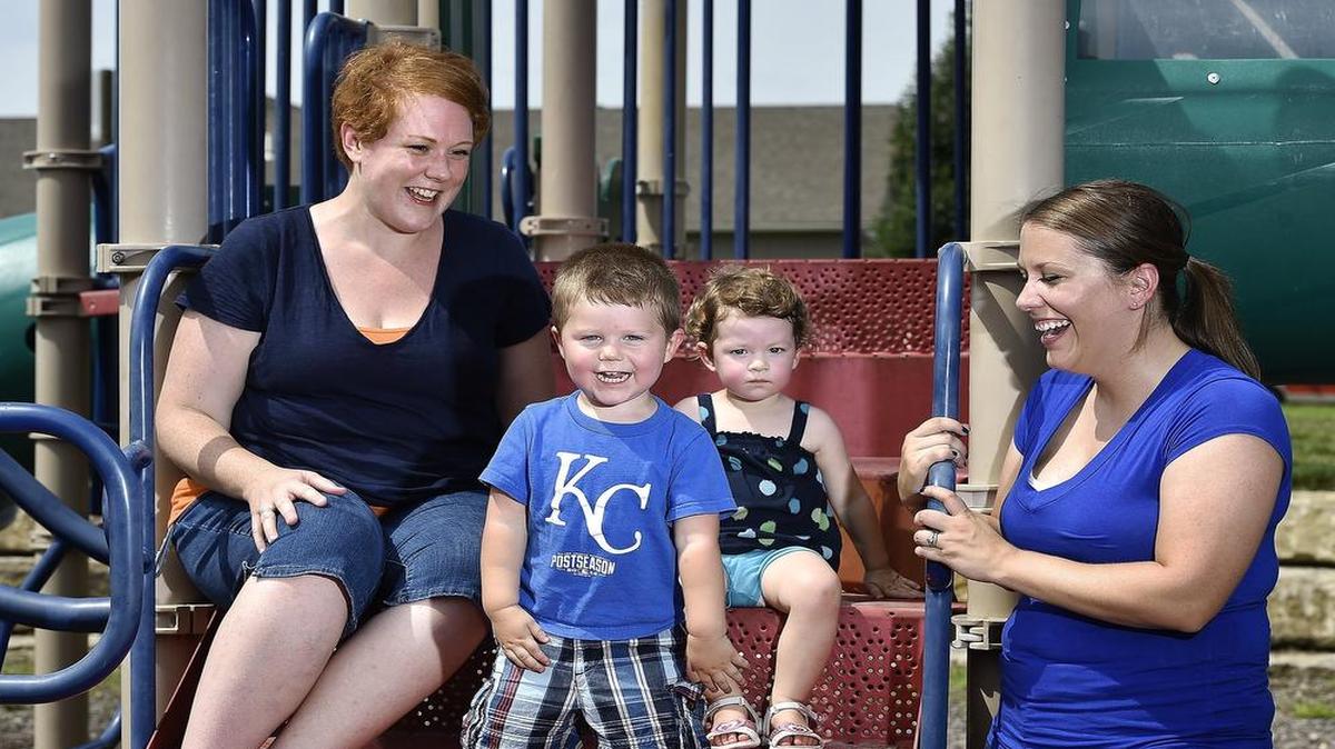 
Amanda Stofko of Eudora (right) donated breast milk to Kelli Christensen of Lawrence and the two became close friends. On a recent afternoon they visited a playground with their kids, Brecken Stofko and Violet Christensen.


