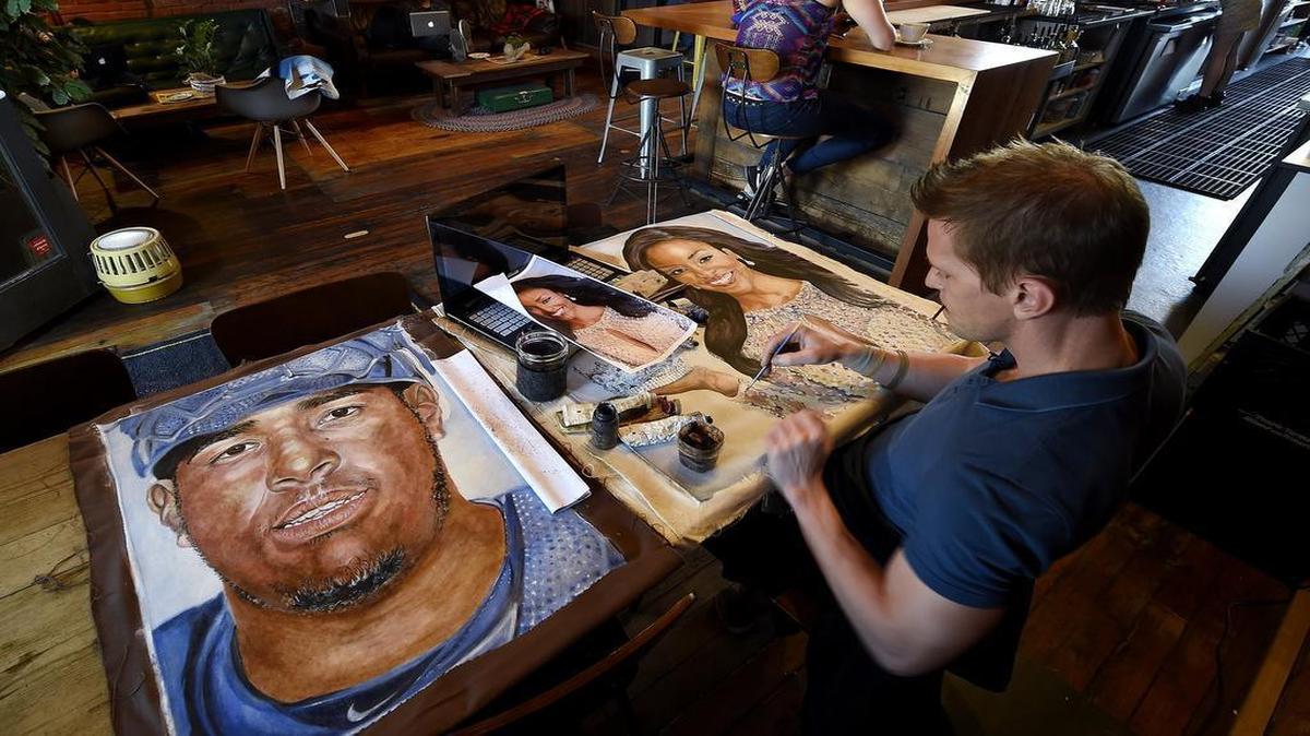 
“I talk to people all day long about my art,” says Trace Schoenhofer, who paints in public places like Thou Mayest Coffee Roasters. “You end up getting to know a lot of people.” The artist especially enjoys creating portraits.



