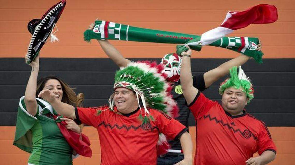 
Soccer fan Hector Manuel Solorio (center) and friends Zenaida Mendez (from left), Luis Perez and Raul Villegas are excited to see the Mexican national soccer team take on Paraguay in Kansas City.
