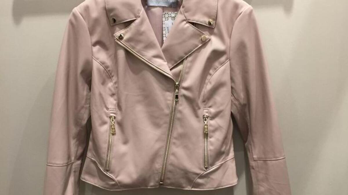 The pale pink of this bomber jacket is a hot color for spring — and Valentine’s Day.