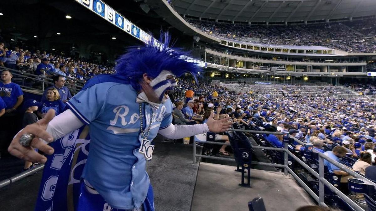 
Chris Stone, aka kcsuperfan, gets the crowd going at Kauffman Stadium.
