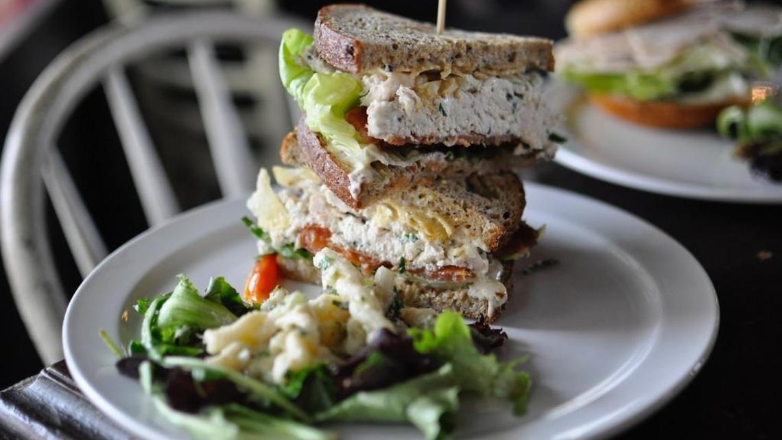 Genessee Royale Bistro’s chicken salad sandwich is piled high and layered with potato chips, for crunch.