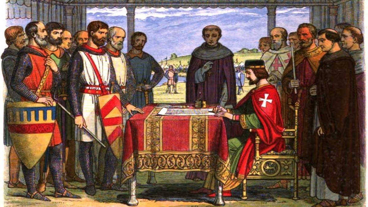 
This is a romanticized 19th-century re-creation of King John signing Magna Carta on June 15, 1215.
